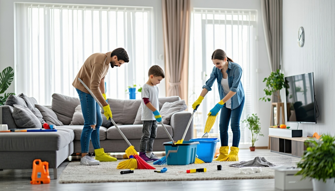 A clean and organized living room with a family doing chores together